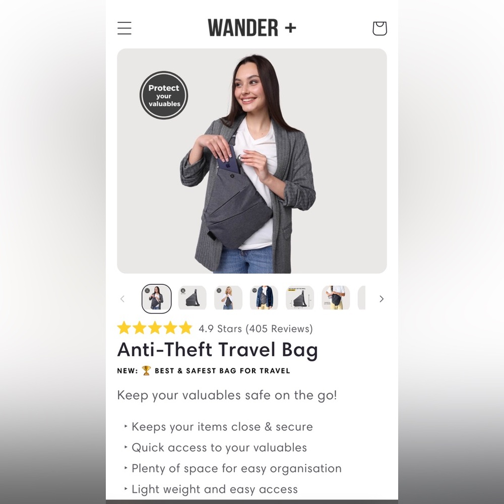 NEW WANDER PLUS Anti Theft Crossbody Bag, Sling Chest Bag in gray. NEVER USED